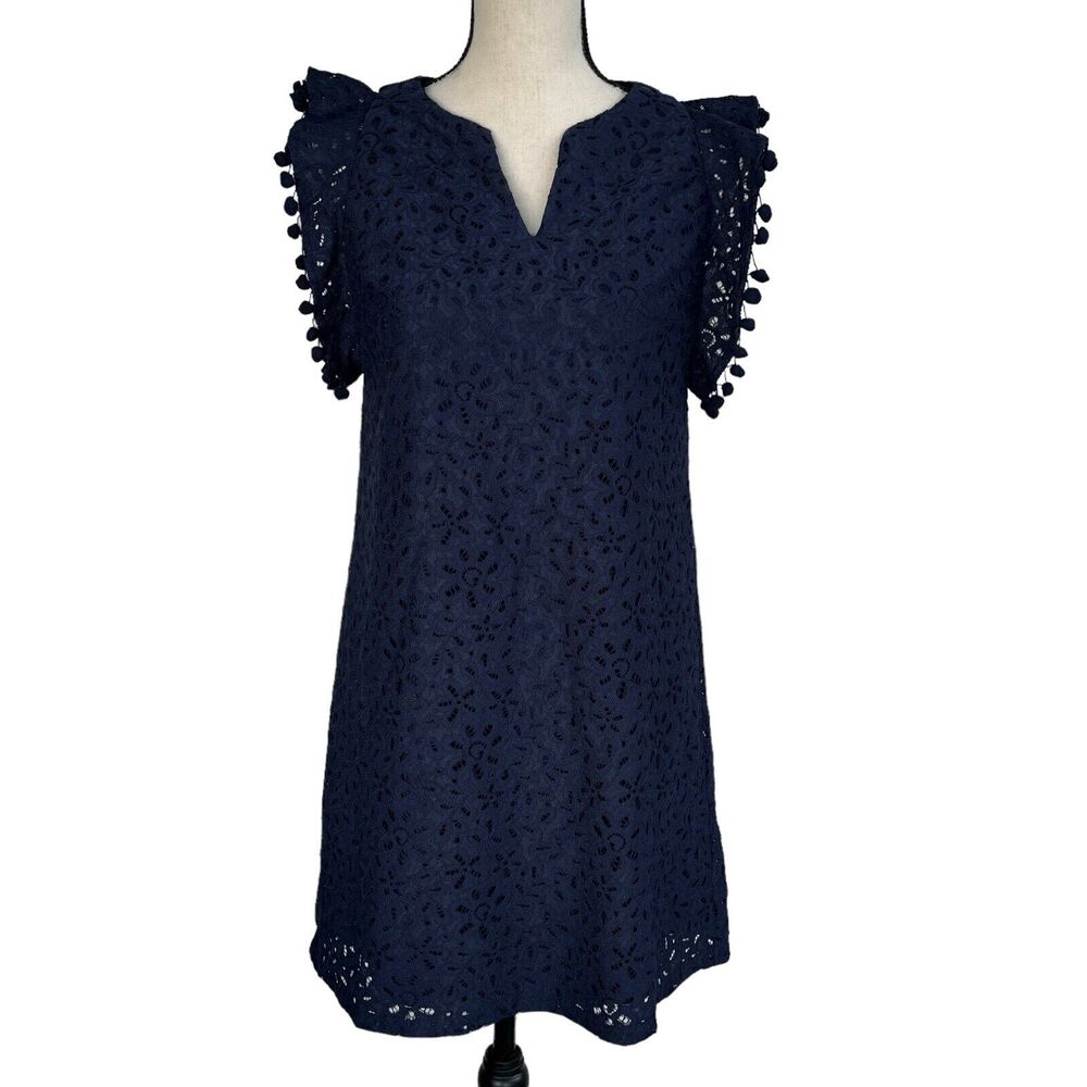 Charter Club Petite Small Mini Shift Dress Floral Lace Stretch V-Neck Navy Blue